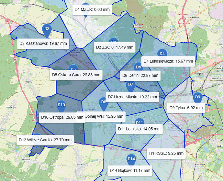 Rozkład przestrzenny dobowej sumy wysokości opadów: 22 lipca 2025r.