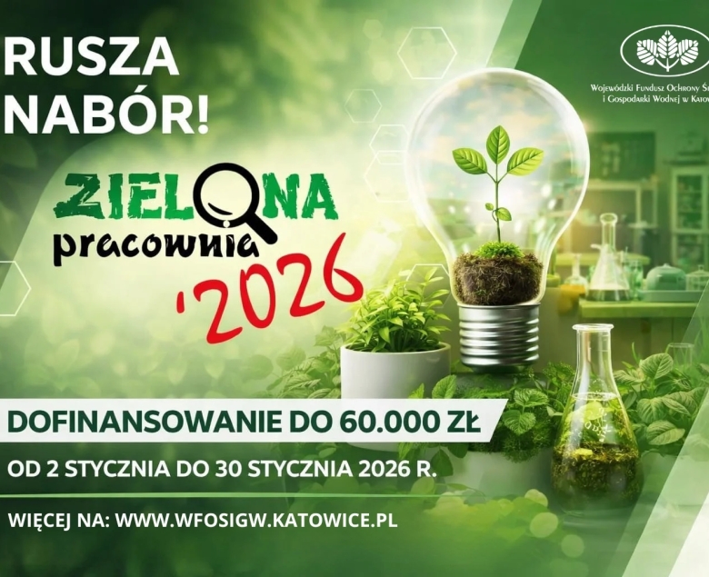 Grafika promująca program Zielona Pracownia 2026 – nabór wniosków na dofinansowanie szkolnych pracowni przyrodniczych w województwie śląskim